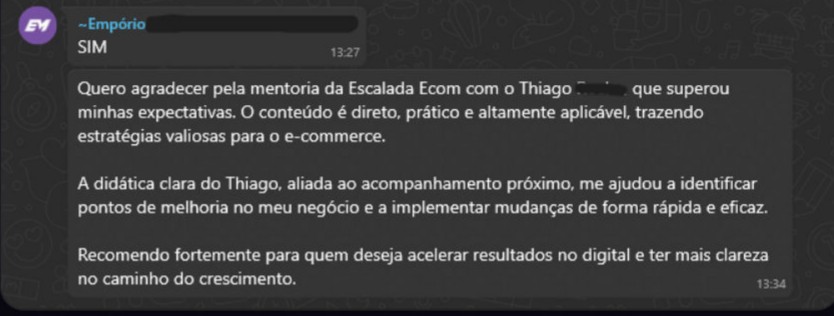 Mensagem de WhatsApp de Empório recomendando a mentoria da Escalada Ecom pelo conteúdo direto, prático e aplicável