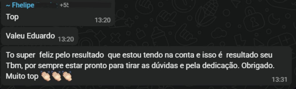 Mensagem de WhatsApp de Fhelipe agradecendo pelo resultado na conta e pela dedicação em tirar dúvidas