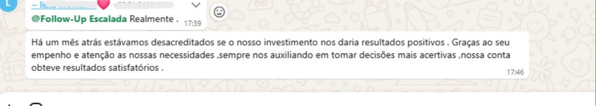 Mensagem de WhatsApp de Lidia relatando que a conta obteve resultados satisfatórios após um mês, após começar desacreditada