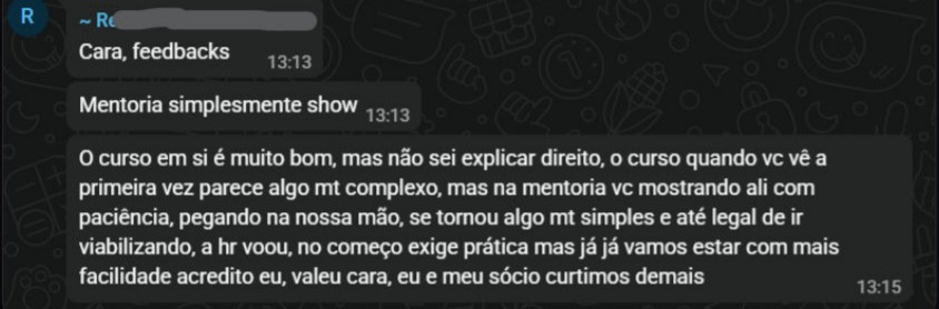 Mensagem de WhatsApp de Rodrigo dizendo que a mentoria se tornou algo simples, mostrando tudo com paciência
