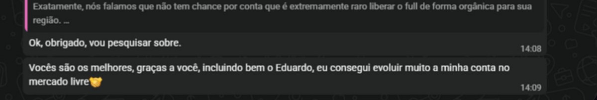 Mensagem de WhatsApp de Wer dizendo que conseguiu evoluir muito a conta no Mercado Livre
