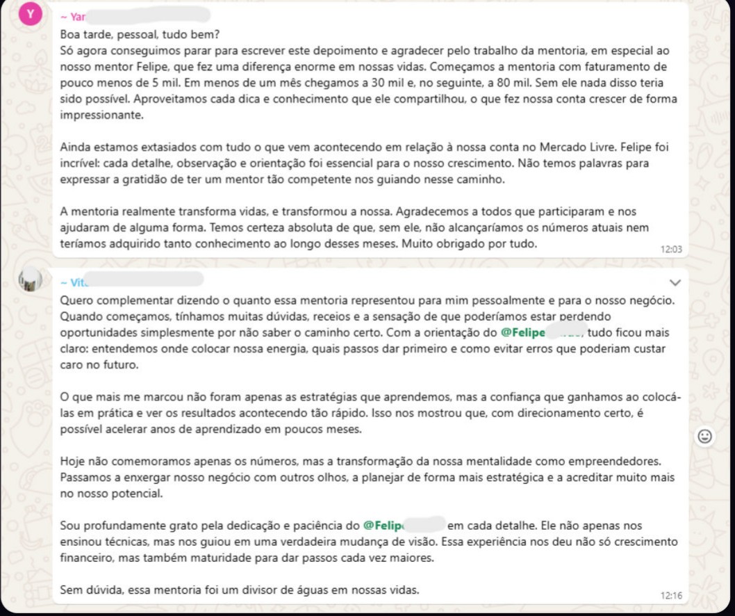 Conversa de WhatsApp com o depoimento completo de Yan e Vitor, contando a evolução da conta de menos de 5 mil para 80 mil durante a mentoria