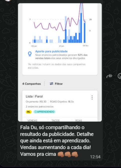 Print de WhatsApp com painel de publicidade mostrando que anúncios patrocinados geraram 52% das vendas totais