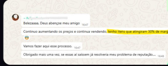 Print de WhatsApp com mensagem de aluno relatando itens que atingiram 30% de margem